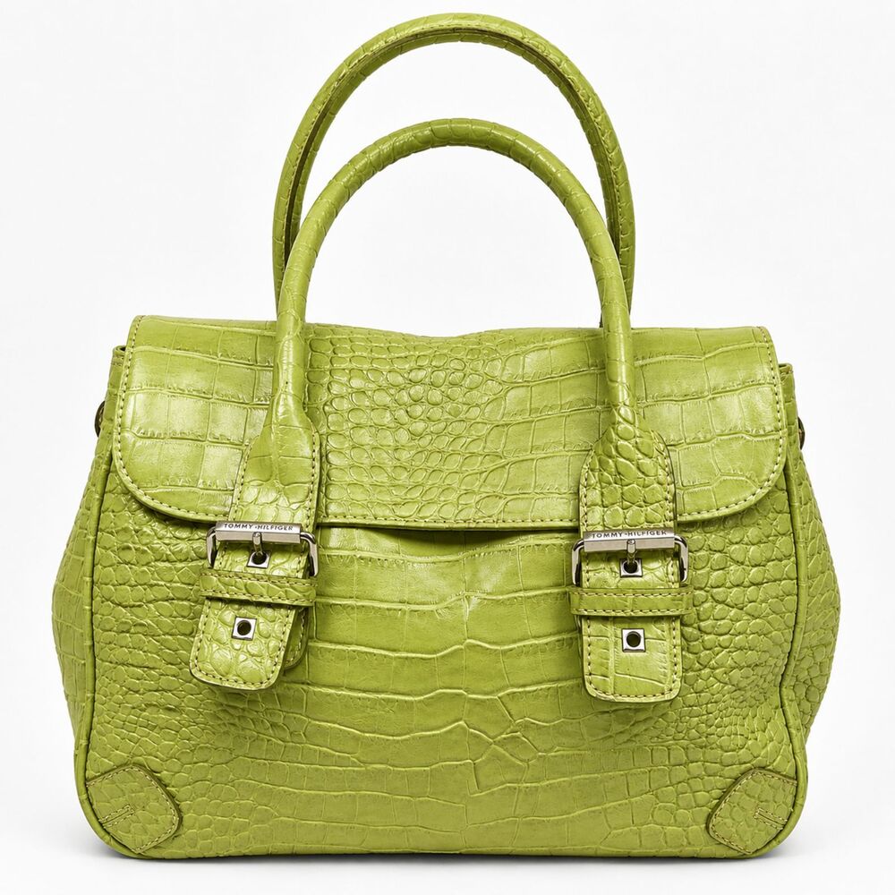 Tommy Hilfiger Green Croc Embossed Satchel Handbag Faux Leather Purse